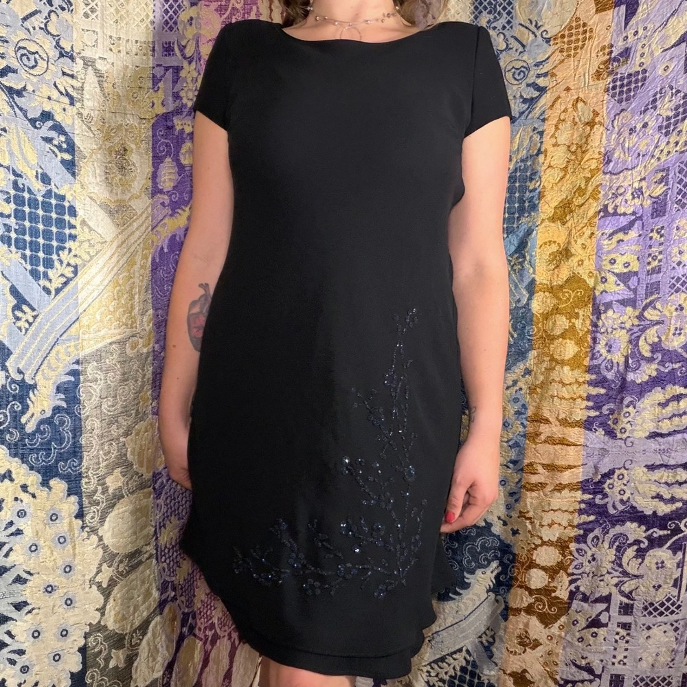 Vintage 90's Little Black Dress Beaded Ruffle Hem Knee Length Structured Size S